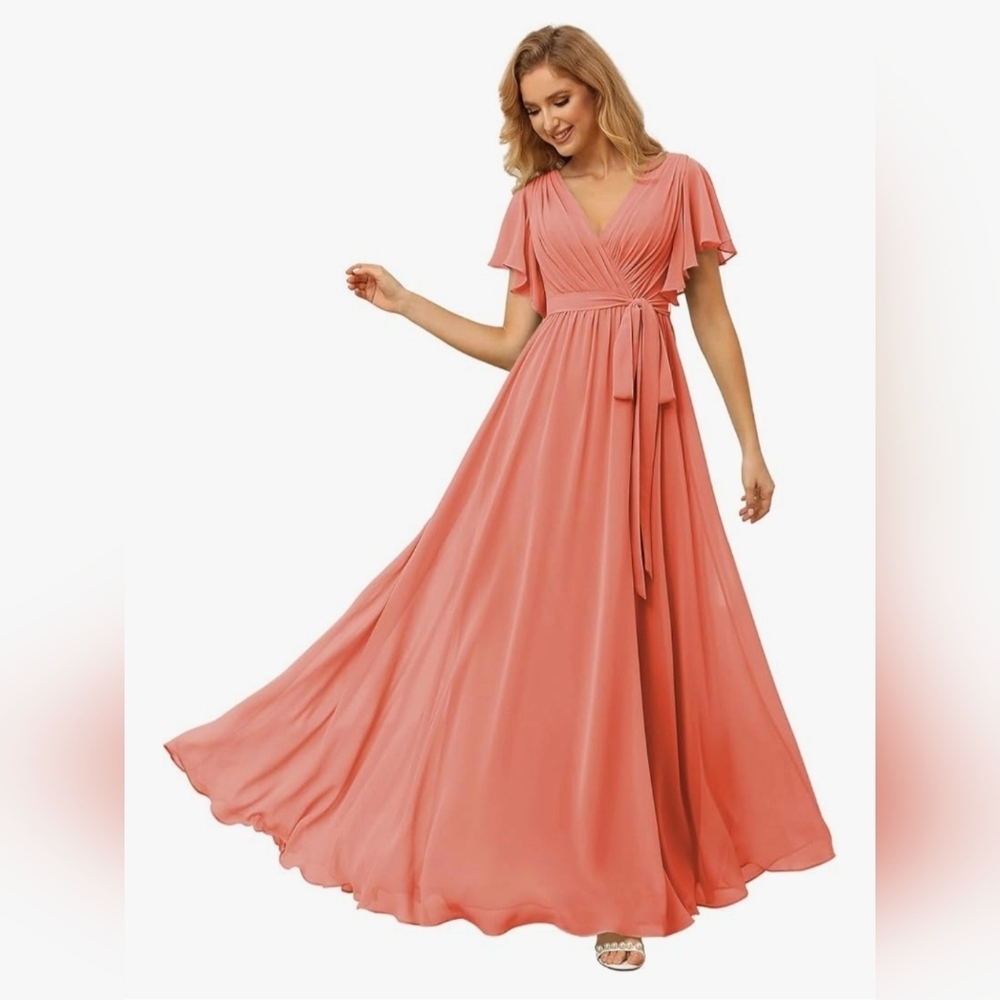 Raseal Flutter Sleeve Chiffon Bridesmaid Dress with Pockets In CORAL #1013
